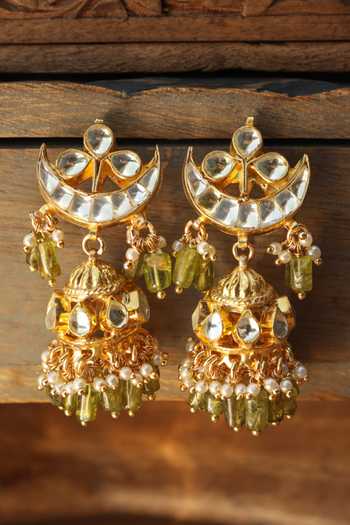 Paisley Pop Green Pearls, Stones Kundan Jhumka Earrings Online at Aza Fashions Paisley Pop_Green Pearls, Stones Kundan Jhumka Earrings _Online_at_Aza_Fashions