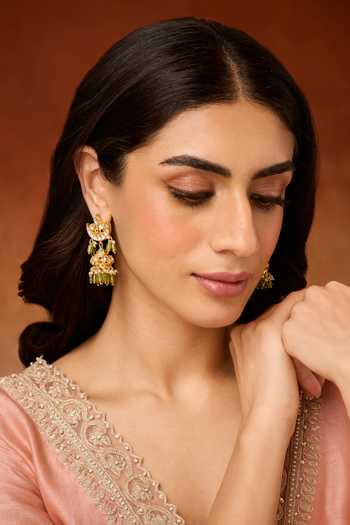 Buy Paisley Pop Green Pearls, Stones Kundan Jhumka Earrings at Aza Fashions Buy_Paisley Pop_Green Pearls, Stones Kundan Jhumka Earrings _at_Aza_Fashions
