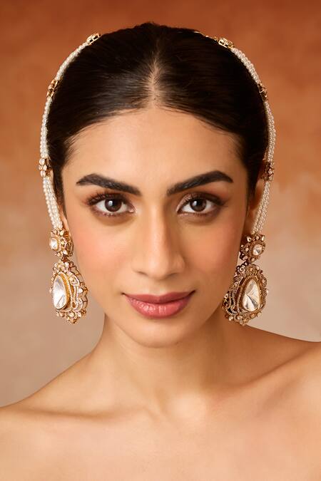 Paisley Pop_Gold Plated Pearls, Stones Polki And Statement Earrings _Online_at_Aza_Fashions
