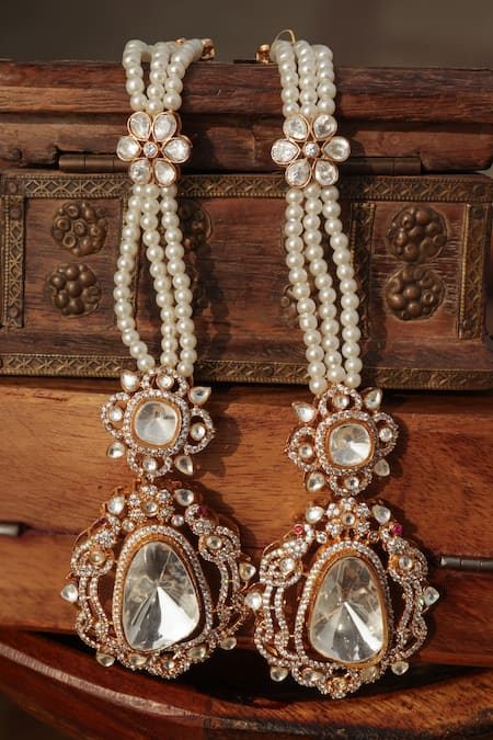 Buy_Paisley Pop_Gold Plated Pearls, Stones Polki And Statement Earrings _Online_at_Aza_Fashions