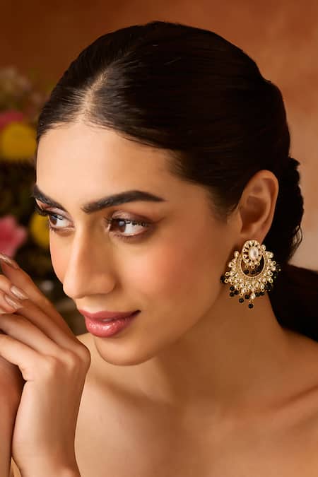 Paisley Pop_Green Stones, Beads Polki Earrings _Online_at_Aza_Fashions