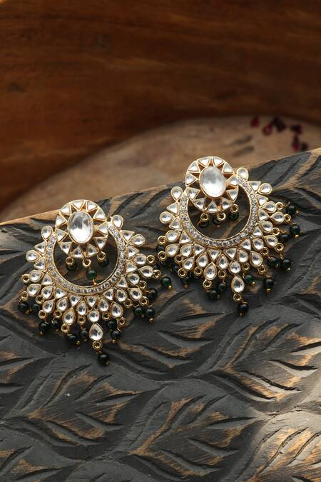 Shop_Paisley Pop_Green Stones, Beads Polki Earrings _Online_at_Aza_Fashions