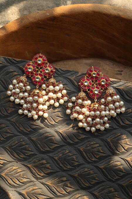 Paisley Pop Red Pearls Kundan Earrings Online at Aza Fashions Paisley Pop_Red Pearls Kundan Earrings _Online_at_Aza_Fashions