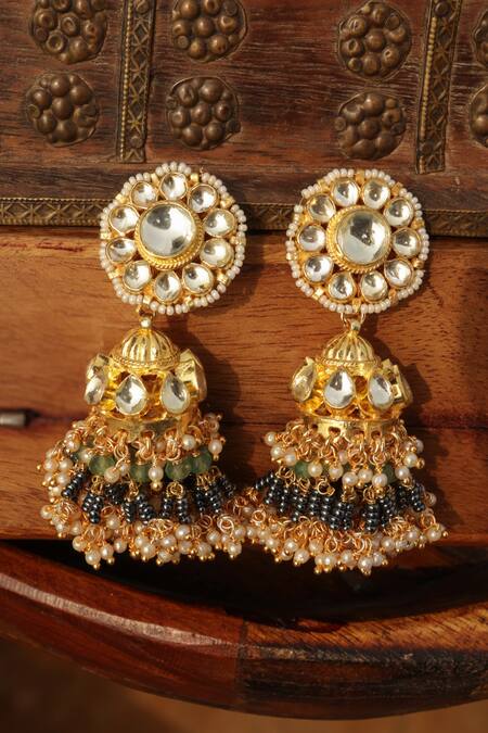 Paisley Pop_Gold Plated Pearls, Stones Kundan Jhumka Earrings _Online_at_Aza_Fashions