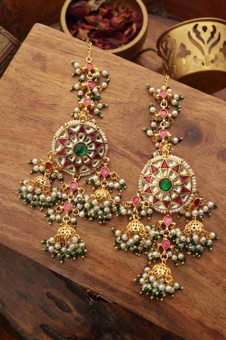 Paisley Pop_Pink Pearls, Crystals Kundan Jhumka Earrings _Online_at_Aza_Fashions