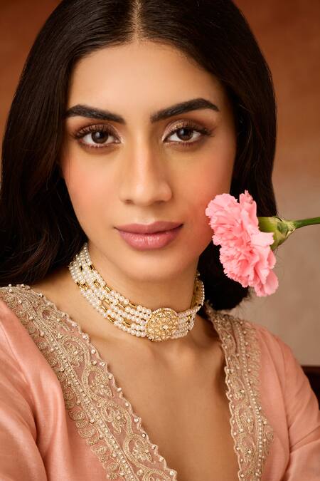 Paisley Pop_Gold Plated Kundan And Pearl Choker Necklace _Online_at_Aza_Fashions