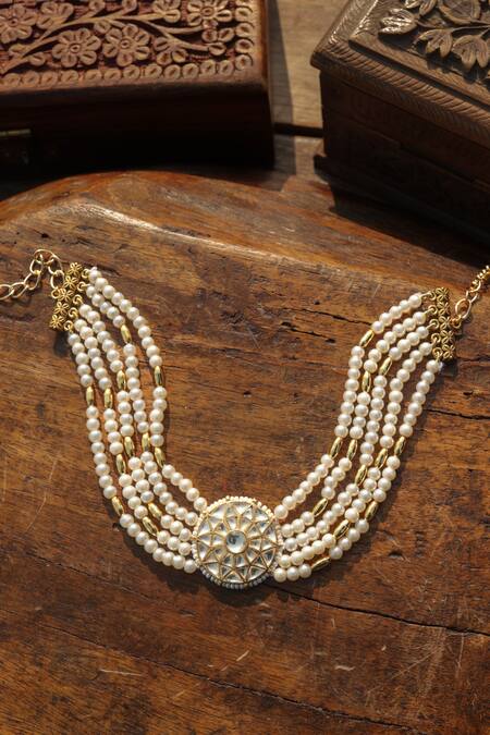 Shop_Paisley Pop_Gold Plated Kundan And Pearl Choker Necklace _Online_at_Aza_Fashions