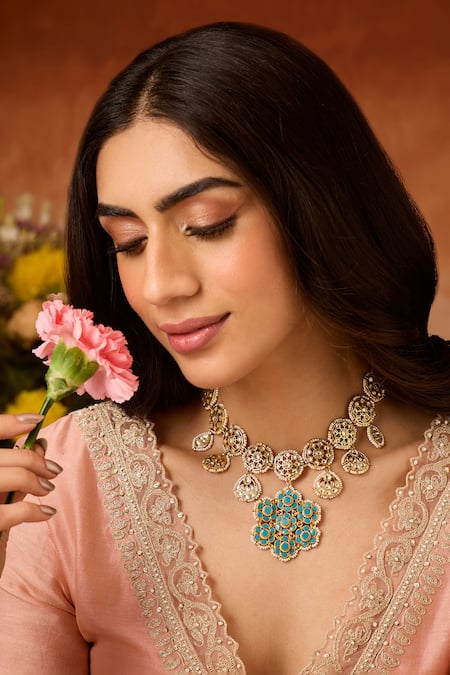 Paisley Pop_Turquoise Kundan Necklace _Online_at_Aza_Fashions