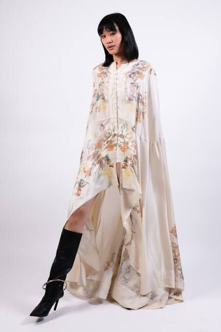 AK-OK Cream Cotton High Neck Printed Cape With Lycra Pants Online at Aza Fashions AK-OK_Cream Cotton High Neck Printed Cape With Lycra Pants _Online_at_Aza_Fashions