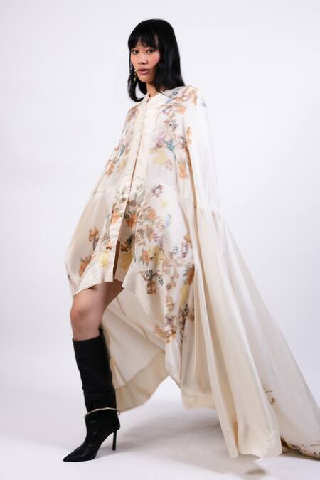 Buy AK-OK Cream Cotton High Neck Printed Cape With Lycra Pants Online at Aza Fashions Buy_AK-OK_Cream Cotton High Neck Printed Cape With Lycra Pants _Online_at_Aza_Fashions