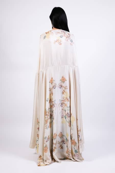 Shop AK-OK Cream Cotton High Neck Printed Cape With Lycra Pants at Aza Fashions Shop_AK-OK_Cream Cotton High Neck Printed Cape With Lycra Pants _at_Aza_Fashions