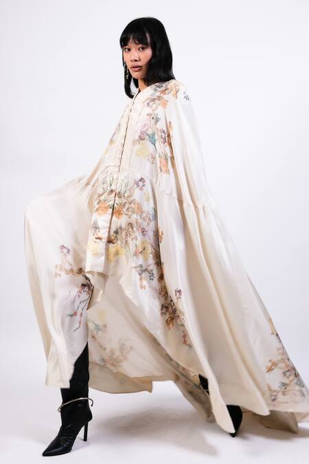 Shop AK-OK Cream Cotton High Neck Printed Cape With Lycra Pants Online at Aza Fashions Shop_AK-OK_Cream Cotton High Neck Printed Cape With Lycra Pants _Online_at_Aza_Fashions