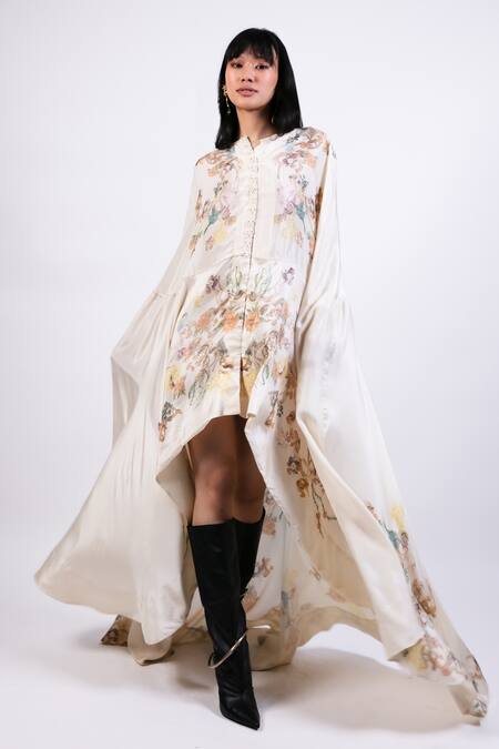 AK-OK Cream Cotton High Neck Printed Cape With Lycra Pants at Aza Fashions AK-OK_Cream Cotton High Neck Printed Cape With Lycra Pants _at_Aza_Fashions