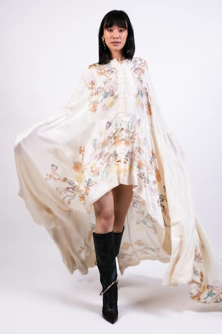 AK-OK Cream Cotton High Neck Printed Cape With Lycra Pants 