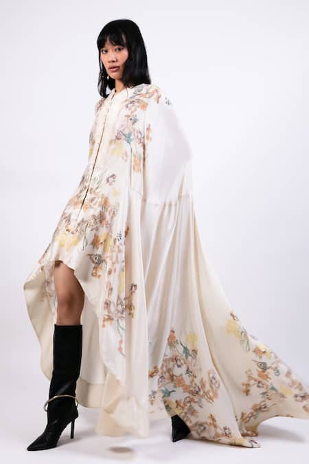 Buy AK-OK Cream Cotton High Neck Printed Cape With Lycra Pants Buy_AK-OK_Cream Cotton High Neck Printed Cape With Lycra Pants