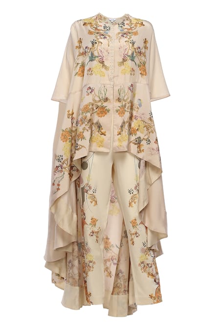 Shop AK-OK Cream Cotton High Neck Printed Cape With Lycra Pants Shop_AK-OK_Cream Cotton High Neck Printed Cape With Lycra Pants