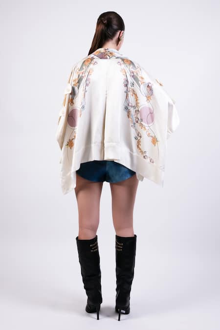 Shop AK-OK Multi Color Silk Shawl Neck Printed Cape Shirt at Aza Fashions Shop_AK-OK_Multi Color Silk Shawl Neck Printed Cape Shirt _at_Aza_Fashions