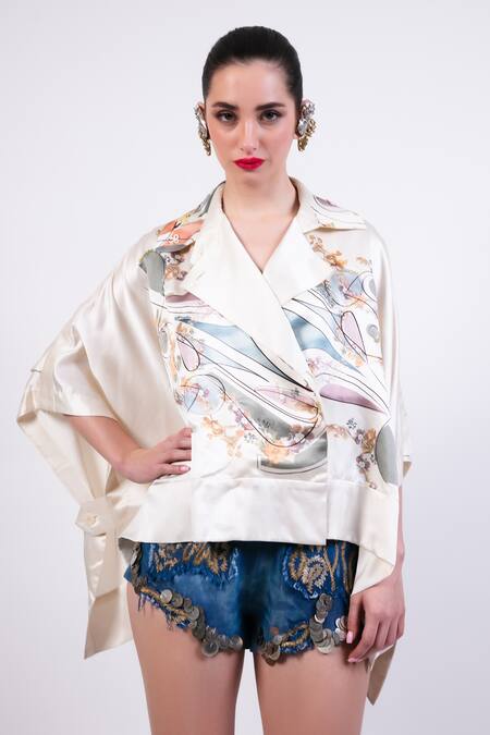 Shop AK-OK Multi Color Silk Shawl Neck Printed Cape Shirt Online at Aza Fashions Shop_AK-OK_Multi Color Silk Shawl Neck Printed Cape Shirt _Online_at_Aza_Fashions