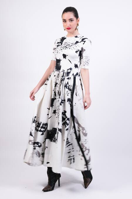 AK-OK Black Silk Round Neck And White Flare Dress Online at Aza Fashions AK-OK_Black Silk Round Neck And White Flare Dress _Online_at_Aza_Fashions