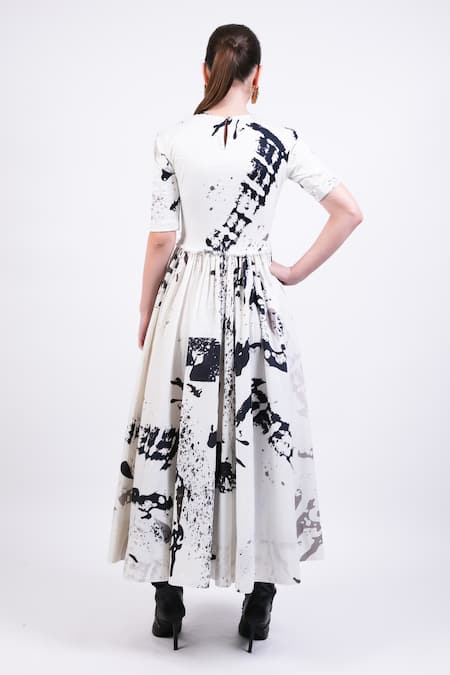 Shop AK-OK Black Silk Round Neck And White Flare Dress at Aza Fashions Shop_AK-OK_Black Silk Round Neck And White Flare Dress _at_Aza_Fashions