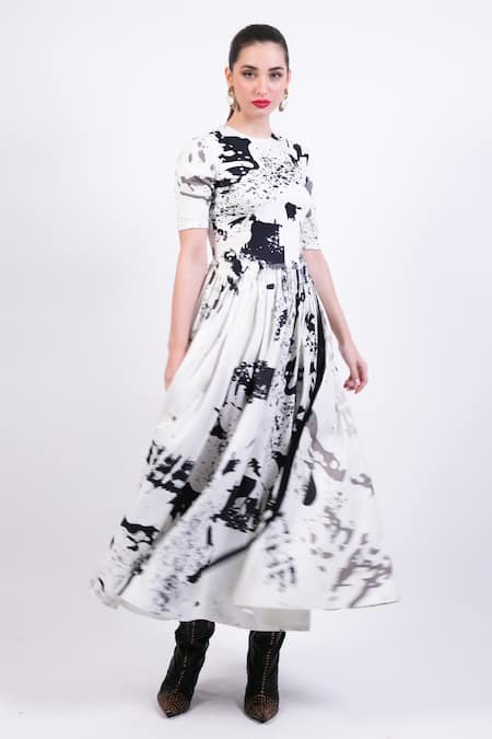 Buy AK-OK Black Silk Round Neck And White Flare Dress Online at Aza Fashions Buy_AK-OK_Black Silk Round Neck And White Flare Dress _Online_at_Aza_Fashions