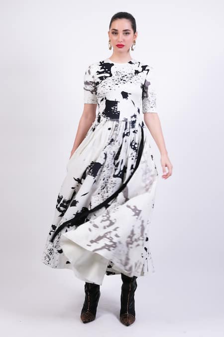 AK-OK Black Silk Round Neck And White Flare Dress