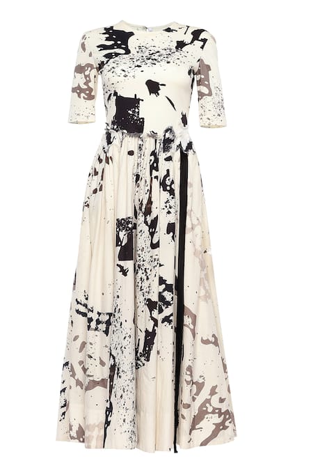 AK-OK Black Silk Round Neck And White Flare Dress at Aza Fashions AK-OK_Black Silk Round Neck And White Flare Dress _at_Aza_Fashions