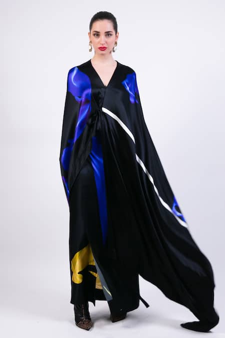 AK-OK Black Silk V-neck Printed Cape With Wrap Skirt Online at Aza Fashions AK-OK_Black Silk V-neck Printed Cape With Wrap Skirt _Online_at_Aza_Fashions