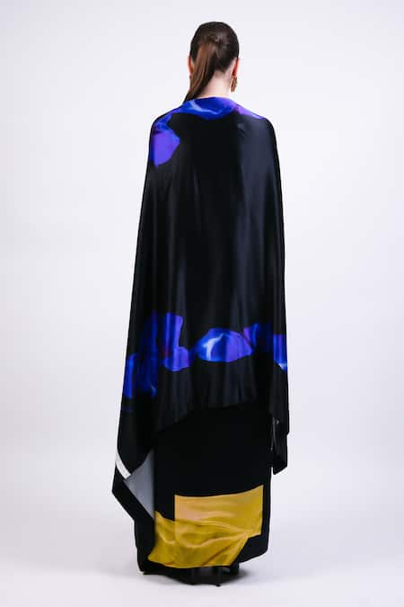 Shop AK-OK Black Silk V-neck Printed Cape With Wrap Skirt at Aza Fashions Shop_AK-OK_Black Silk V-neck Printed Cape With Wrap Skirt _at_Aza_Fashions
