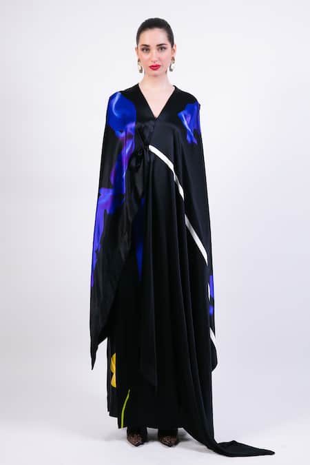 Buy AK-OK Black Silk V-neck Printed Cape With Wrap Skirt Online at Aza Fashions Buy_AK-OK_Black Silk V-neck Printed Cape With Wrap Skirt _Online_at_Aza_Fashions