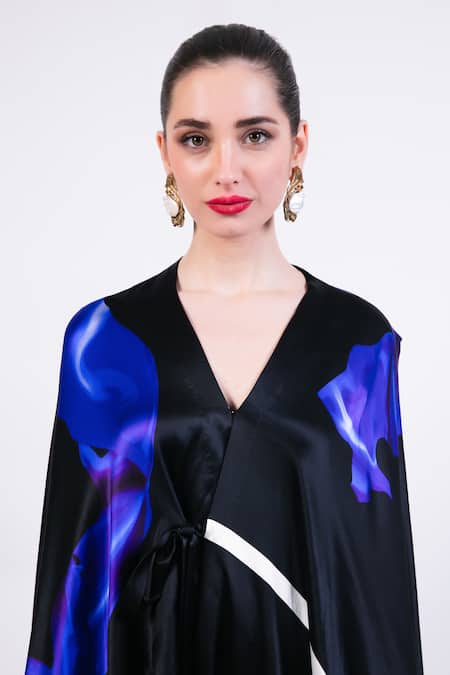 Shop AK-OK Black Silk V-neck Printed Cape With Wrap Skirt Online at Aza Fashions Shop_AK-OK_Black Silk V-neck Printed Cape With Wrap Skirt _Online_at_Aza_Fashions