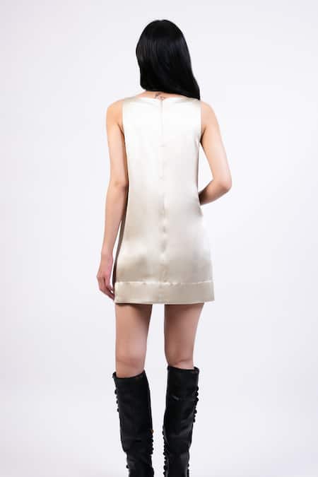 Shop AK-OK Beige Silk Lace Square Neck Ivory Shift Dress at Aza Fashions Shop_AK-OK_Beige Silk Lace Square Neck Ivory Shift Dress _at_Aza_Fashions