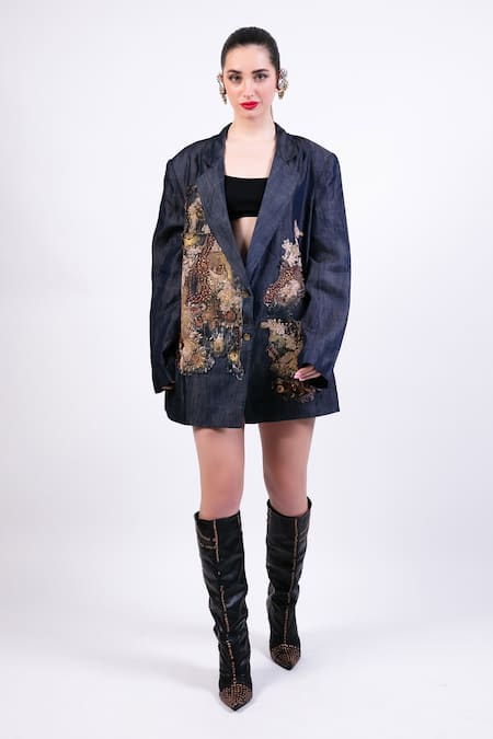 AK-OK Blue Silk Embroidery Notched Neck Blazer Dress Online at Aza Fashions AK-OK_Blue Silk Embroidery Notched Neck Blazer Dress _Online_at_Aza_Fashions