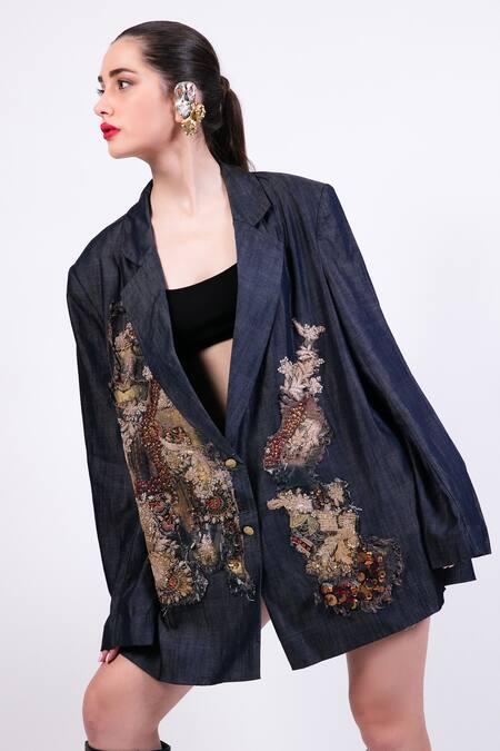 Buy AK-OK Blue Silk Embroidery Notched Neck Blazer Dress Online at Aza Fashions Buy_AK-OK_Blue Silk Embroidery Notched Neck Blazer Dress _Online_at_Aza_Fashions