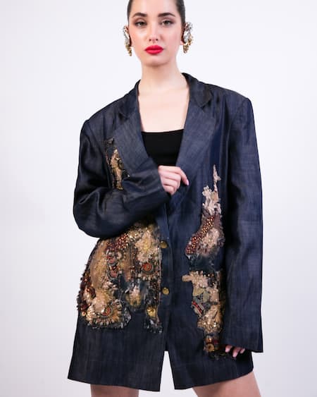 Shop AK-OK Blue Silk Embroidery Notched Neck Blazer Dress Online at Aza Fashions Shop_AK-OK_Blue Silk Embroidery Notched Neck Blazer Dress _Online_at_Aza_Fashions