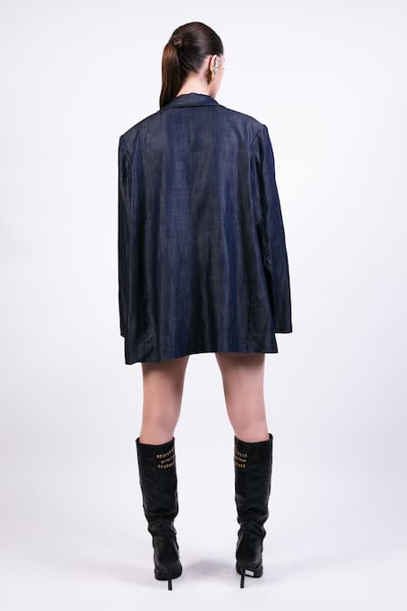 Shop AK-OK Blue Silk Embroidery Notched Neck Blazer Dress at Aza Fashions Shop_AK-OK_Blue Silk Embroidery Notched Neck Blazer Dress _at_Aza_Fashions