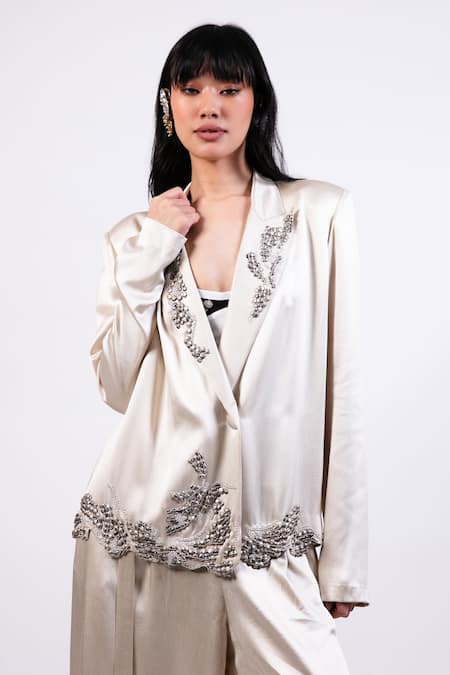 AK-OK Beige Tencel, Denim Embroidery Scoop Neck Coin Blazer And Pant Set Online at Aza Fashions AK-OK_Beige Tencel, Denim Embroidery Scoop Neck Coin Blazer And Pant Set _Online_at_Aza_Fashions