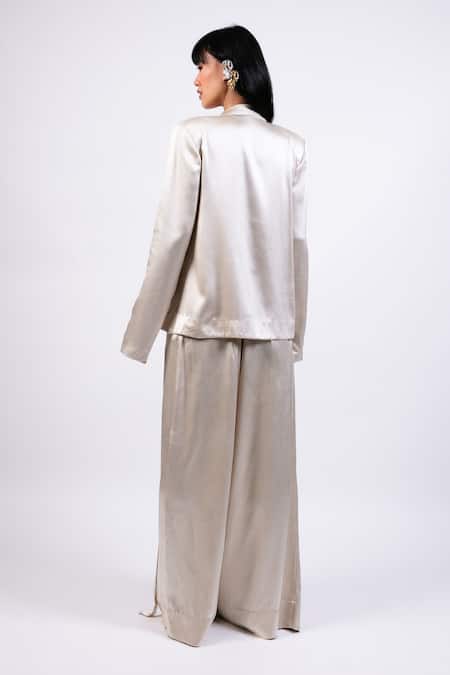 Shop AK-OK Beige Tencel, Denim Embroidery Scoop Neck Coin Blazer And Pant Set at Aza Fashions Shop_AK-OK_Beige Tencel, Denim Embroidery Scoop Neck Coin Blazer And Pant Set _at_Aza_Fashions