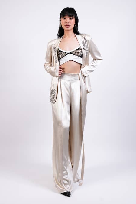 AK-OK Beige Tencel, Denim Embroidery Scoop Neck Coin Blazer And Pant Set 