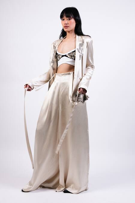 Buy AK-OK Beige Tencel, Denim Embroidery Scoop Neck Coin Blazer And Pant Set Online at Aza Fashions Buy_AK-OK_Beige Tencel, Denim Embroidery Scoop Neck Coin Blazer And Pant Set _Online_at_Aza_Fashions