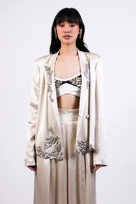 Shop AK-OK Beige Tencel, Denim Embroidery Scoop Neck Coin Blazer And Pant Set Online at Aza Fashions Shop_AK-OK_Beige Tencel, Denim Embroidery Scoop Neck Coin Blazer And Pant Set _Online_at_Aza_Fashions