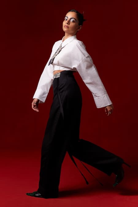 Shop AK-OK White Embroidery Collared Short Shirt And Pant Set at Aza Fashions Shop_AK-OK_White Embroidery Collared Short Shirt And Pant Set _at_Aza_Fashions