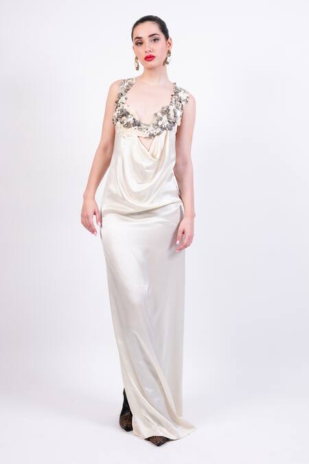 Buy AK-OK Beige Embroidery Scoop Neck Cocktail Dress With Lace Detailing Online at Aza Fashions Buy_AK-OK_Beige Embroidery Scoop Neck Cocktail Dress With Lace Detailing _Online_at_Aza_Fashions