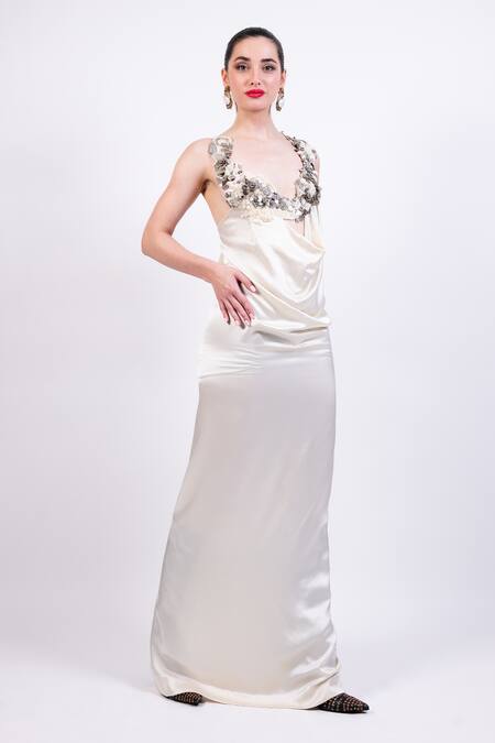 Shop AK-OK Beige Embroidery Scoop Neck Cocktail Dress With Lace Detailing Online at Aza Fashions Shop_AK-OK_Beige Embroidery Scoop Neck Cocktail Dress With Lace Detailing _Online_at_Aza_Fashions