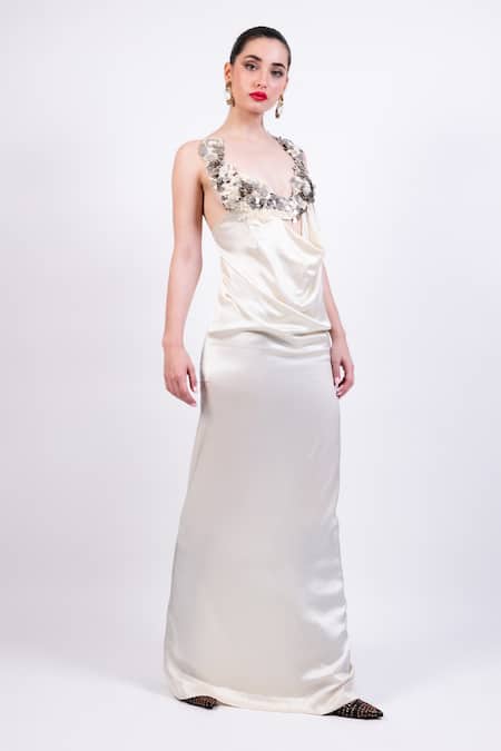 AK-OK Beige Embroidery Scoop Neck Cocktail Dress With Lace Detailing at Aza Fashions AK-OK_Beige Embroidery Scoop Neck Cocktail Dress With Lace Detailing _at_Aza_Fashions