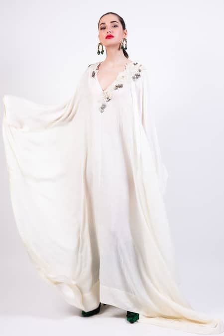 AK-OK Beige Embroidery V-neck Light Designer Kaftan Dress Online at Aza Fashions AK-OK_Beige Embroidery V-neck Light Designer Kaftan Dress _Online_at_Aza_Fashions