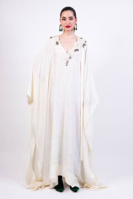 Buy AK-OK Beige Embroidery V-neck Light Designer Kaftan Dress Online at Aza Fashions Buy_AK-OK_Beige Embroidery V-neck Light Designer Kaftan Dress _Online_at_Aza_Fashions