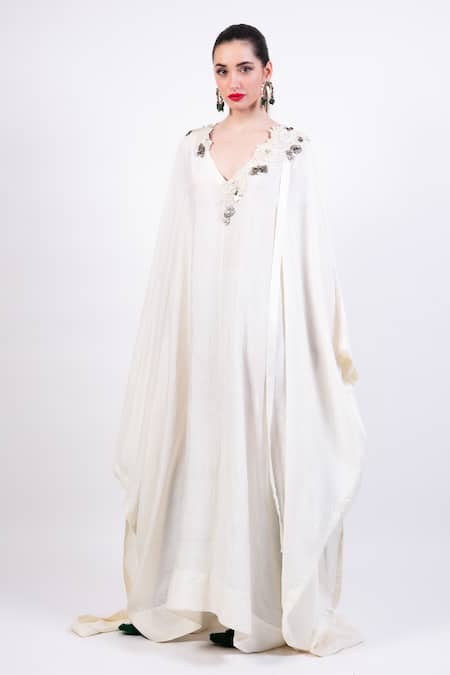 AK-OK Beige Embroidery V-neck Light Designer Kaftan Dress 