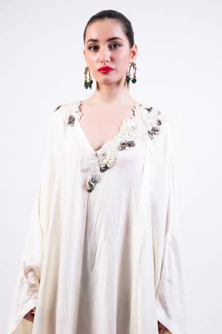 Shop AK-OK Beige Embroidery V-neck Light Designer Kaftan Dress Online at Aza Fashions Shop_AK-OK_Beige Embroidery V-neck Light Designer Kaftan Dress _Online_at_Aza_Fashions