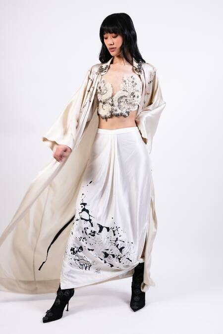 AK-OK_Black Embroidery Open Neck, Printed Silk Lungi Skirt Set _Online_at_Aza_Fashions